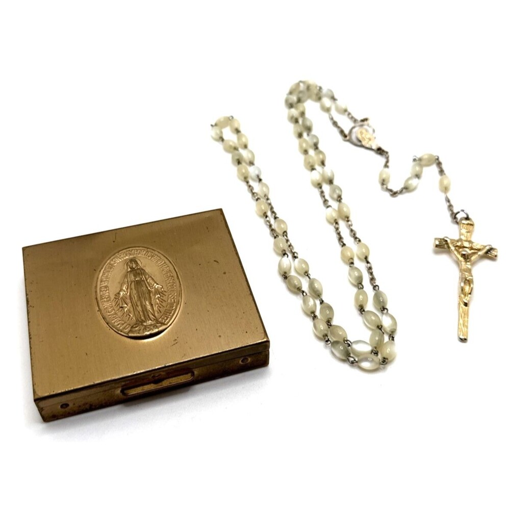 Vintage Moonglow Bead Rosary with Metal Box